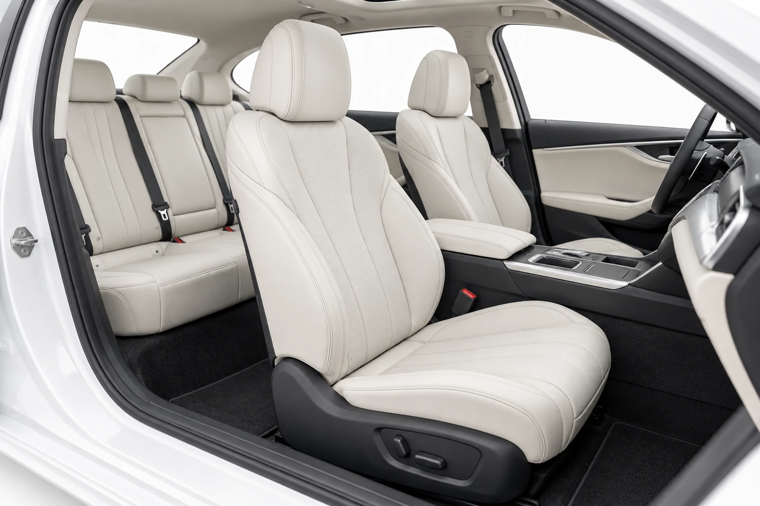 Illustrative ivory leather front seats and rear cabin viewed through an open door