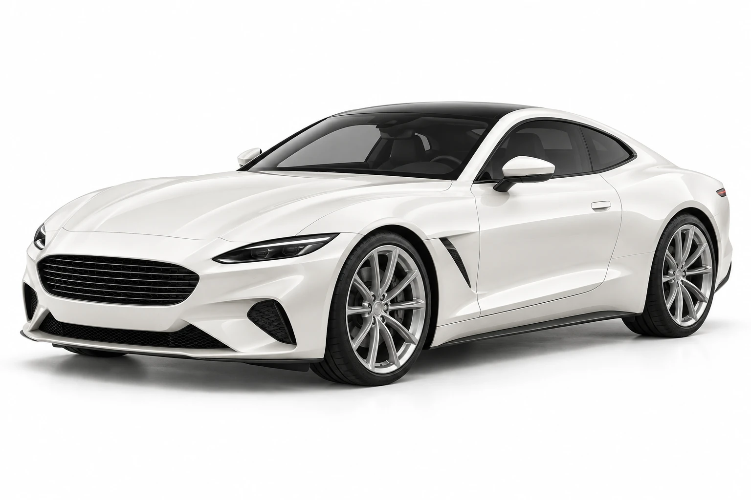 Illustrative pearl-white sports coupe in a white studio