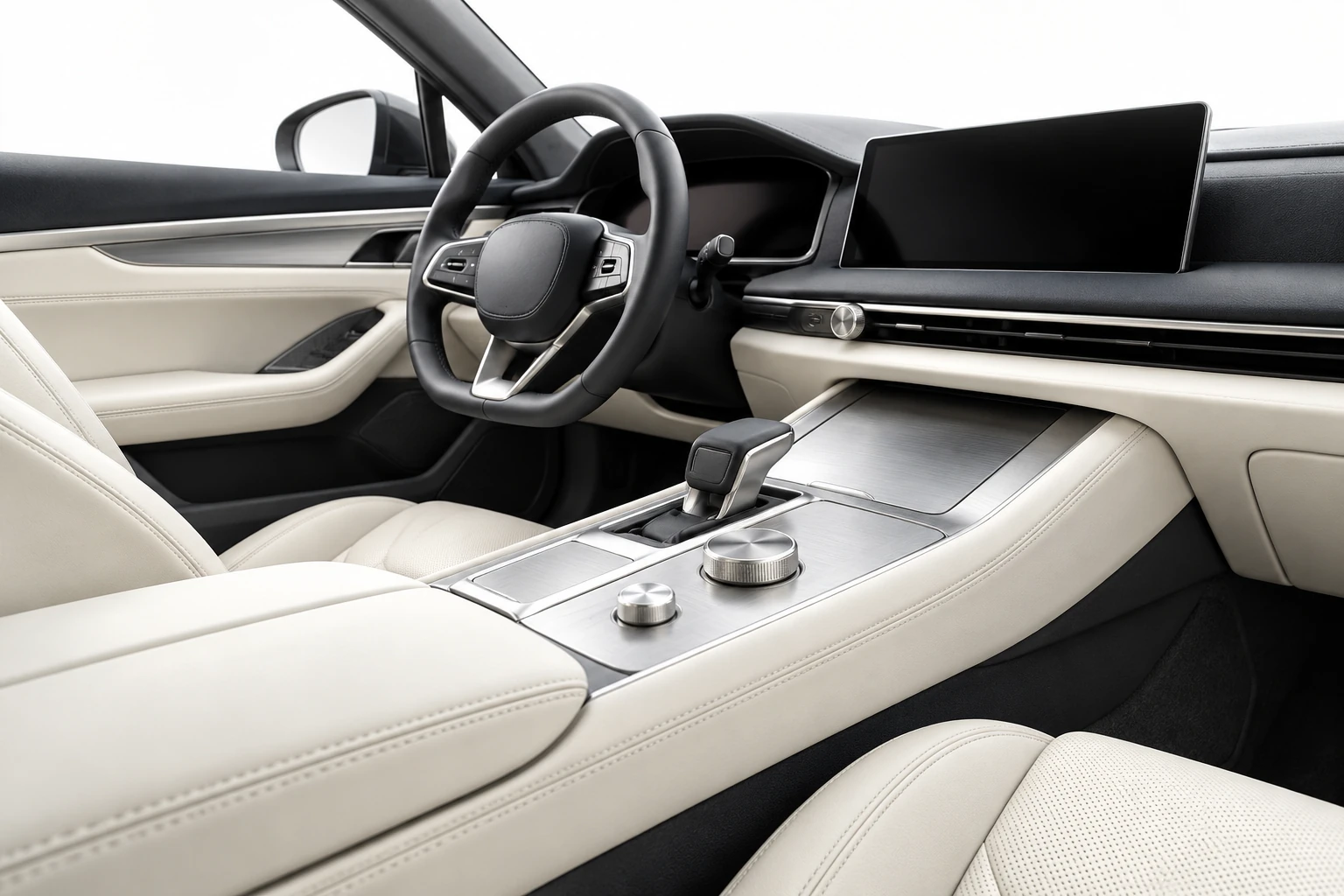 Illustrative ivory leather vehicle cockpit with refined aluminium controls