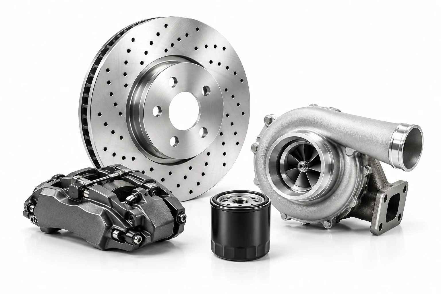Illustrative brake rotor, caliper, turbocharger and filter on white