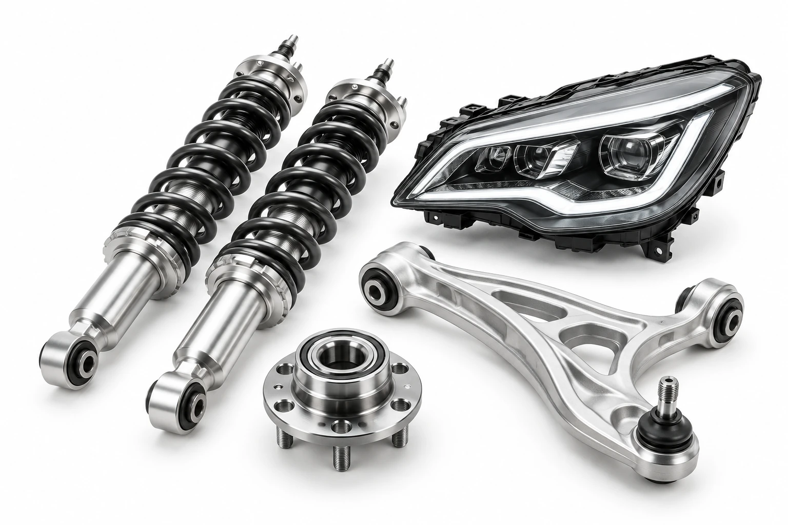 Illustrative suspension assemblies, LED headlamp, control arm and wheel bearing